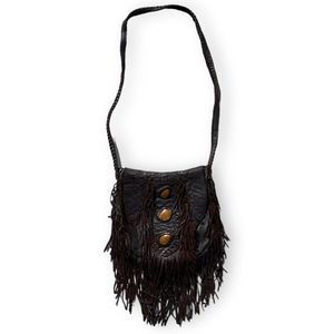 Tribe America Vintage Fringe Leather Bohemian Style Shoulder Bag Dark Brown